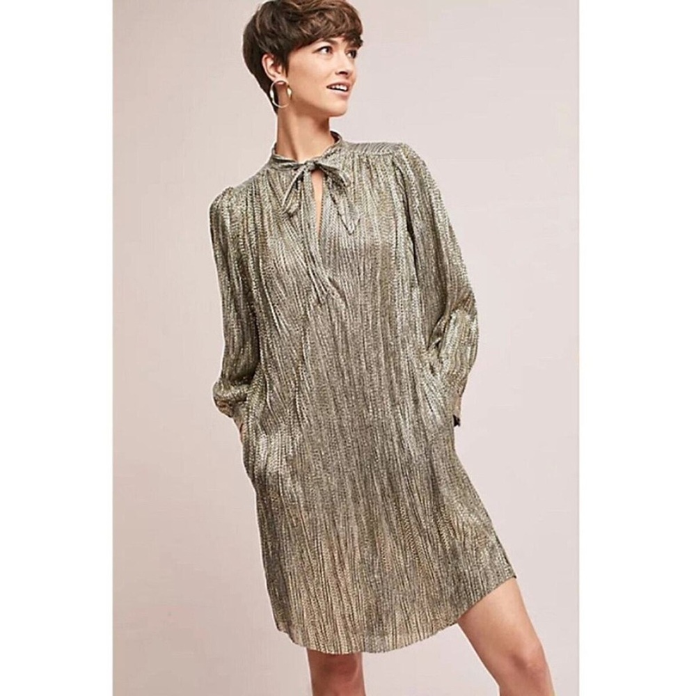 ANTHROPOLOGIE Sabina Musayev Agatha Lame Tie Neck Shirt Metallic Dress sz large